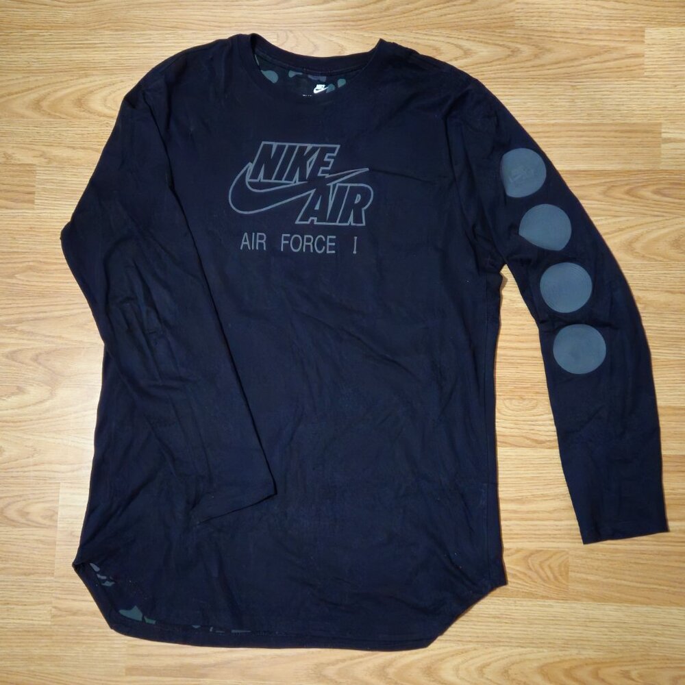 Nike Air Force 1 Long Sleeve ALT Camo curved hem sides Tall T Shirt Mens large